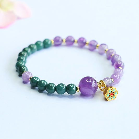 Blue Water Jadeite Jade and Amethyst Beaded Bracelet with Enamel Charm