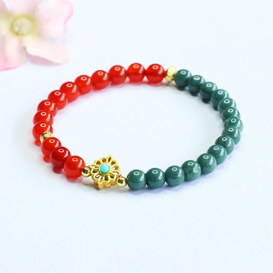 Blue Water Jadeite Jade & Red Agate Bracelet with Gold-tone Flower Accent