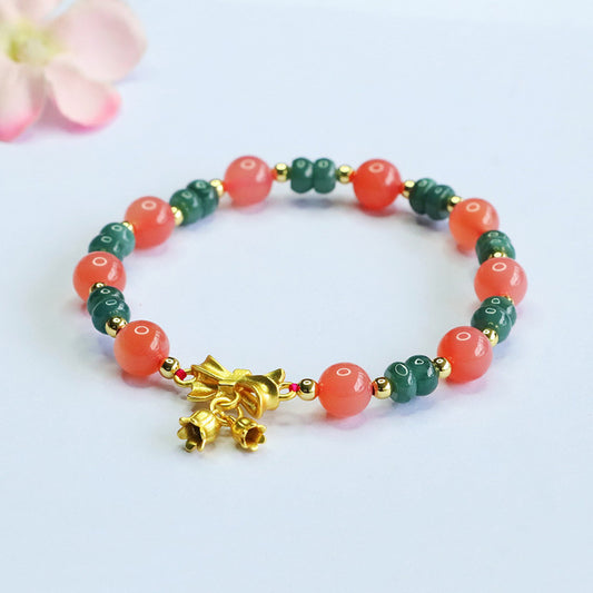 Blue Water Jadeite Jade and Agate Beaded Bracelet with Bow and Bell Charm