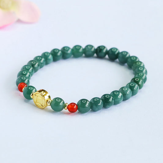 Blue Jadeite Jade & Red Agate Bracelet with Gold-Tone Coin Charm