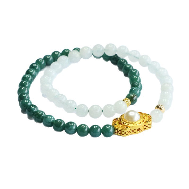 Blue Water Jadeite Jade and White Jadeite Double-Strand Bracelet with Pearl Centerpiece