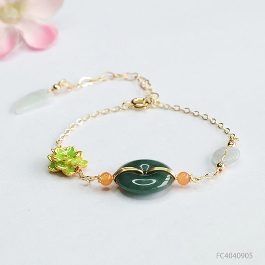 Blue Water Jadeite Ping An Kou and Enamel Lotus Flower Chain Bracelet