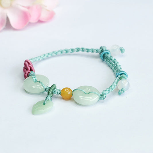 Burmese Grade A Jadeite Jade Safety Buckle and Leaf Braided Cord Bracelet