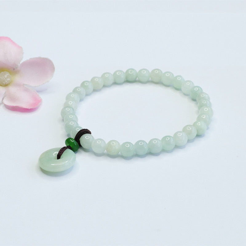 Grade A Pale Green Jadeite Jade Peace Buckle Cord-Tassel Beaded Bracelet