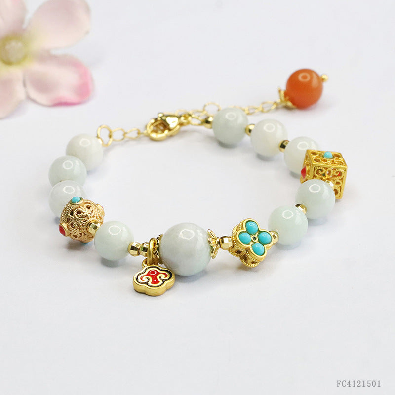 Burmese Grade A Jadeite Jade and Turquoise Accent Beaded Bracelet