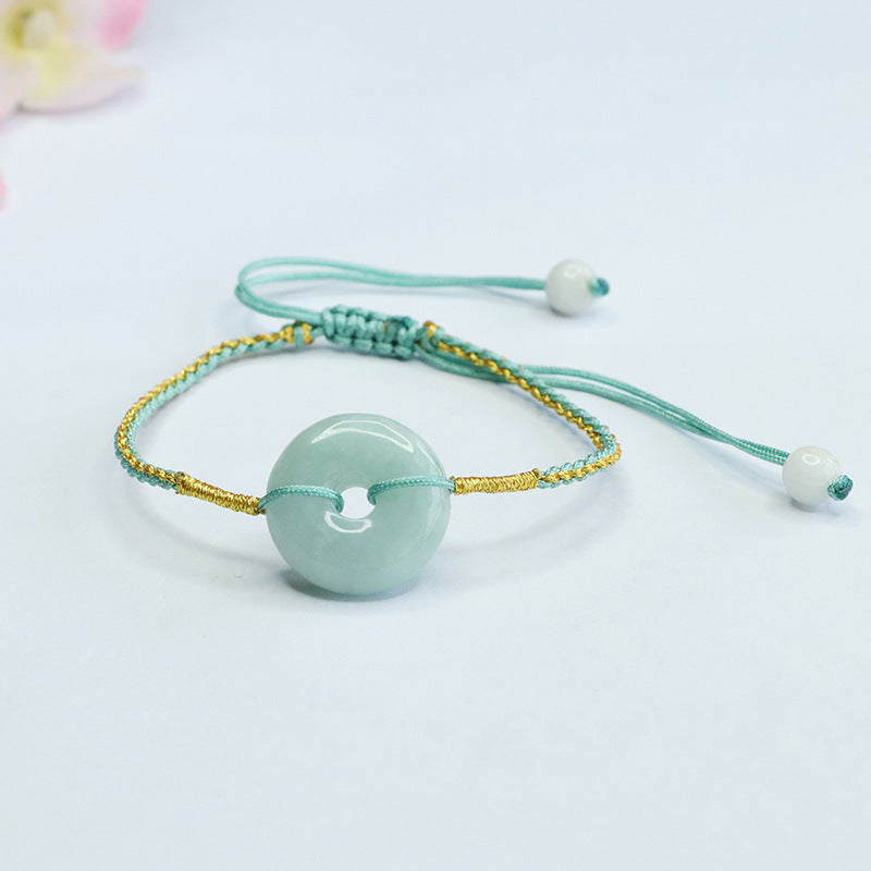 Burmese Grade A Jadeite Ping An Kou Woven Cord Bracelet