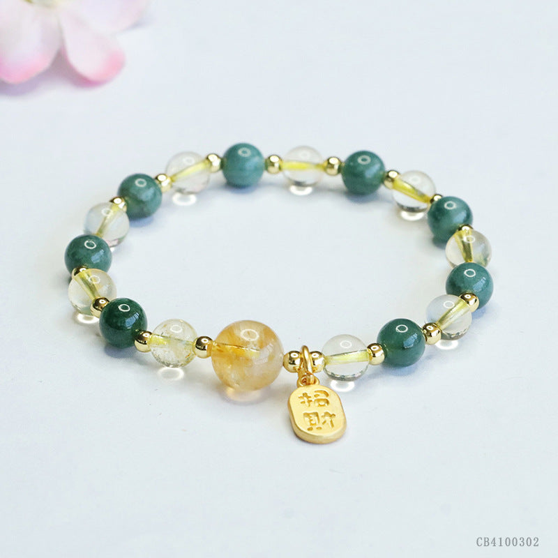 Blue Water Jadeite Jade and Citrine Multi-Gemstone Beaded Bracelet with "Zhao Cai" Wealth Charm