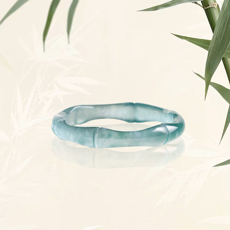 Grade A Ice-Type Blue Water Jadeite Jade Bamboo Design Solid Band Ring