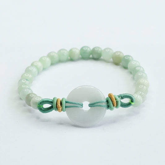 Blue Water Jadeite Jade Beaded Bracelet with Ping An Kou Centerpiece