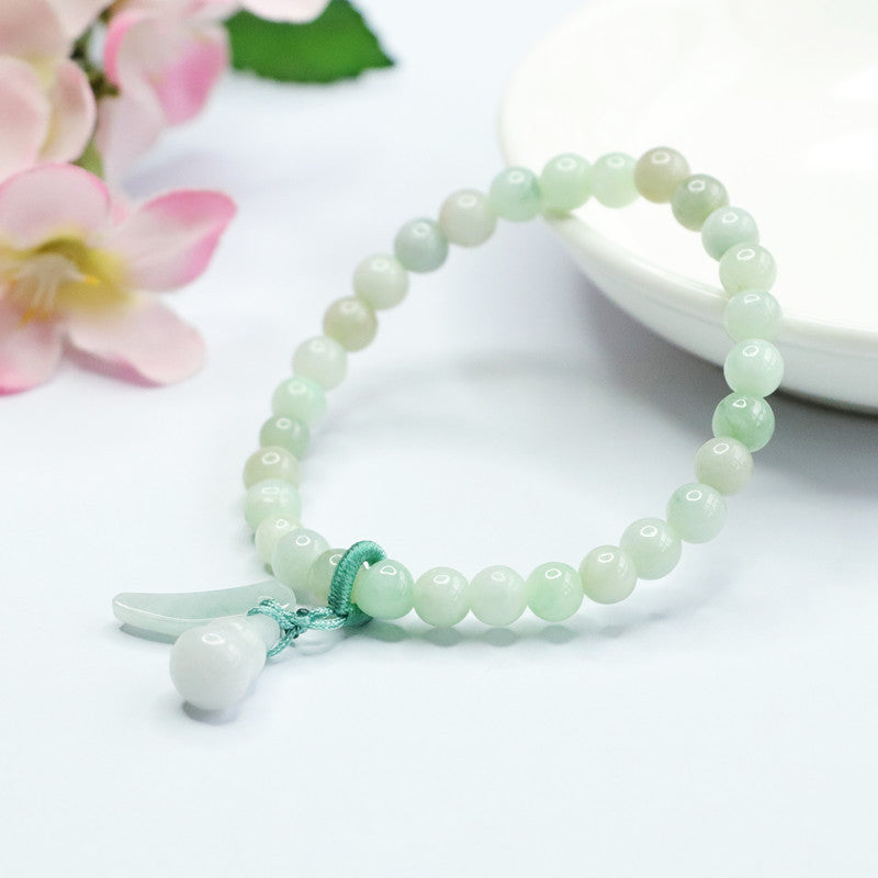 Jadeite Jade Gourd Beaded Stretch Bracelet with Charm