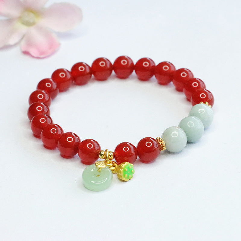 Red Agate and Jadeite Jade Beaded Bracelet with Dangle Charms