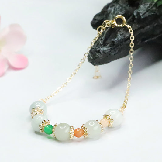 Jadeite Jade Beaded Bracelet with Gold-tone Chain and Accents