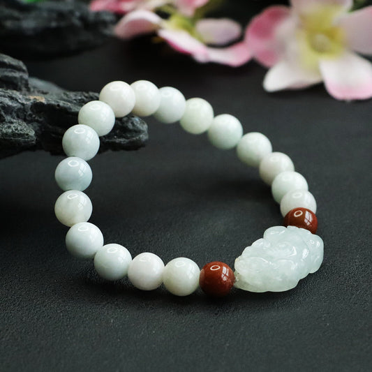 Grade A Jadeite Jade Pixiu Beaded Bracelet with Red Accent Beads