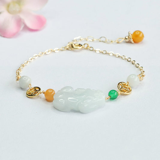 Burmese Grade A Jadeite Jade Pi Xiu Chain Bracelet with Multi-Color Accents