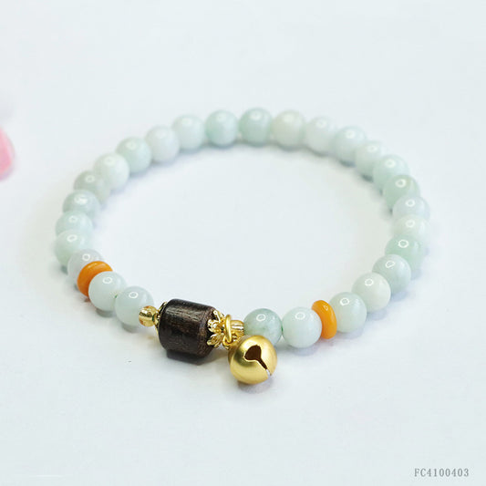 Burmese Grade A Jadeite Jade and Agarwood Beaded Bracelet with Bell Accent
