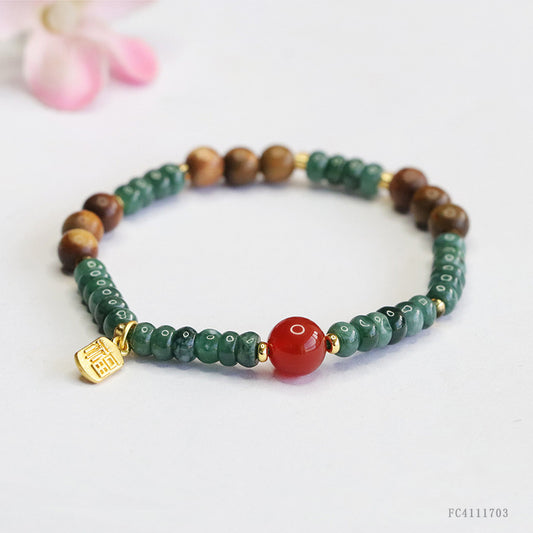 Blue Water Jadeite Abacus Bead and Red Agate Beaded Bracelet