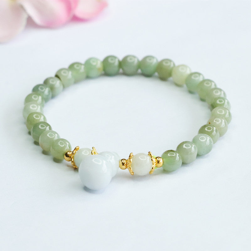 Burmese Grade A Jadeite Jade Beaded Bracelet with Gourd Pendant