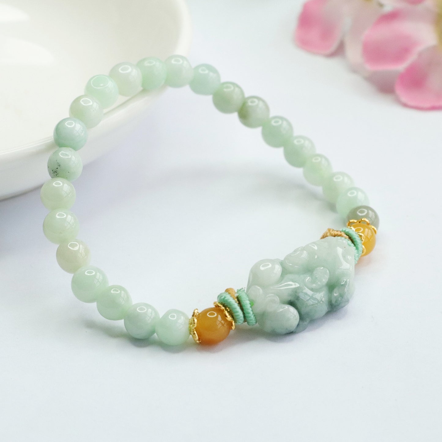 Burmese Grade A Jadeite Jade Pi Xiu Beaded Bracelet with Yellow Jade and Cord Accents