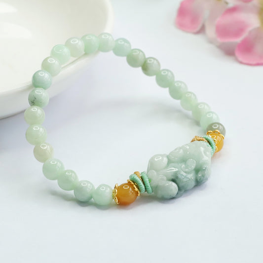 Burmese Grade A Jadeite Jade Pi Xiu Beaded Bracelet with Yellow Jade and Cord Accents