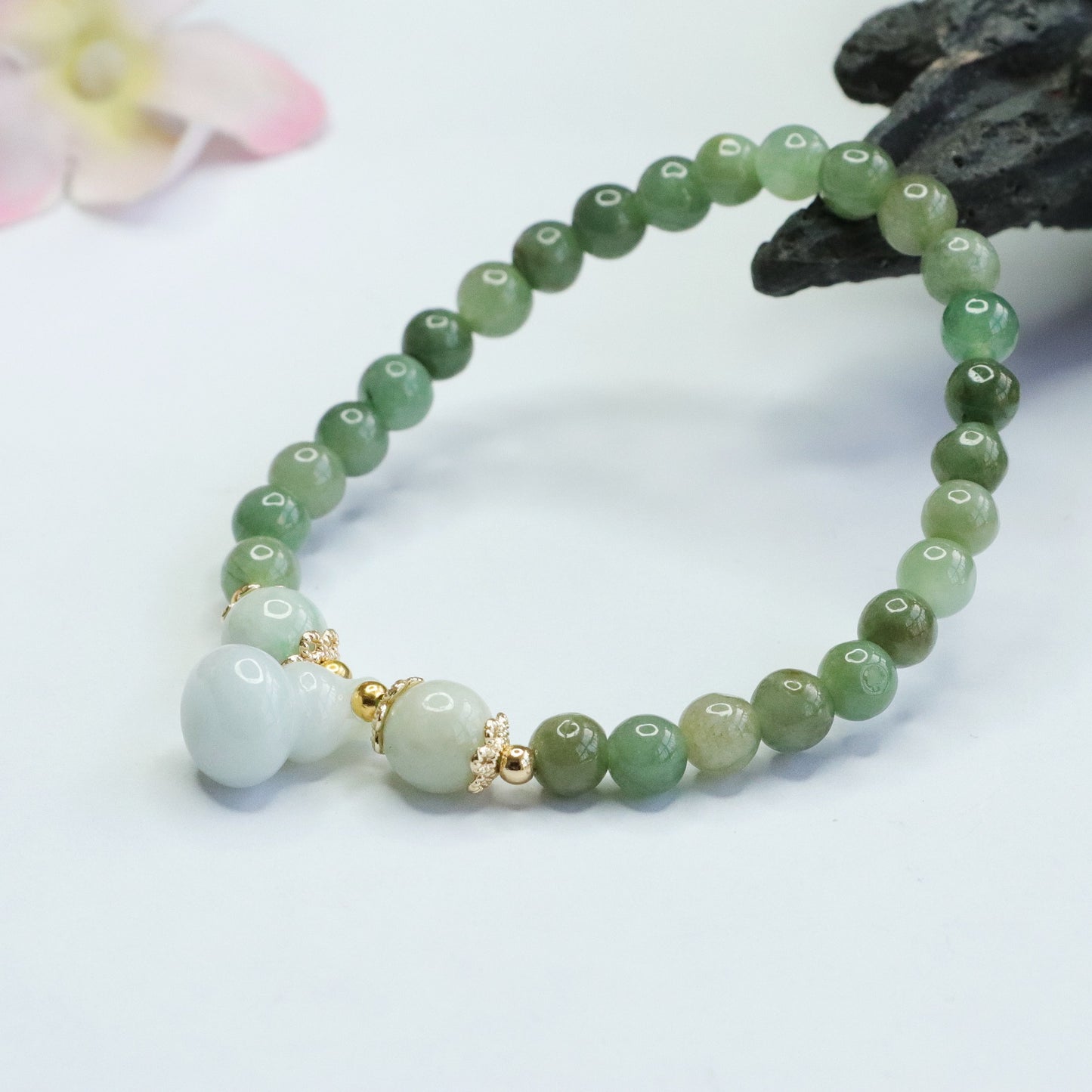 Grade A Jadeite Jade Youqing Beaded Bracelet with Gourd Pendant