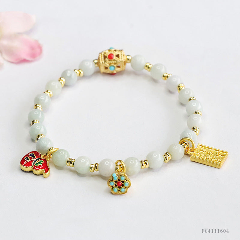 Burmese Grade A Jadeite Jade Beaded Bracelet with Retro Enamel and Gemstone Charms