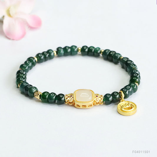 Blue Water Jadeite Abacus Bead Bracelet with Square Focal and Coin Charm