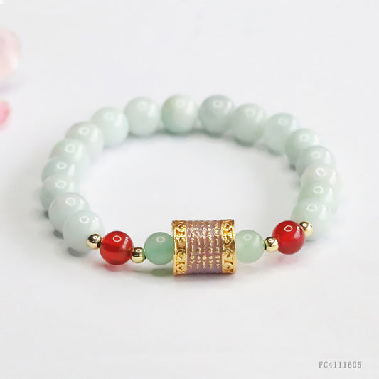 Burmese Grade A Jadeite Jade Beaded Bracelet with Scripture Tube Bead