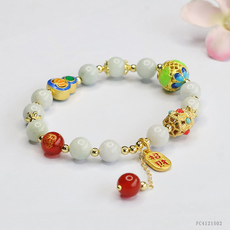 Burmese Grade A Jadeite Jade and Enamel Accent Beaded Bracelet