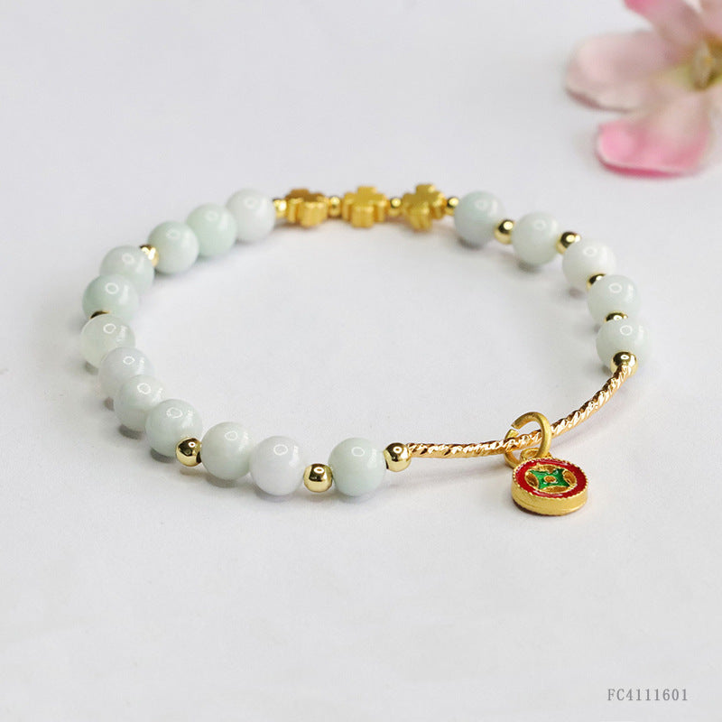 Burmese Grade A Jadeite Bracelet with Gold-Tone Tube & Enamel Charm