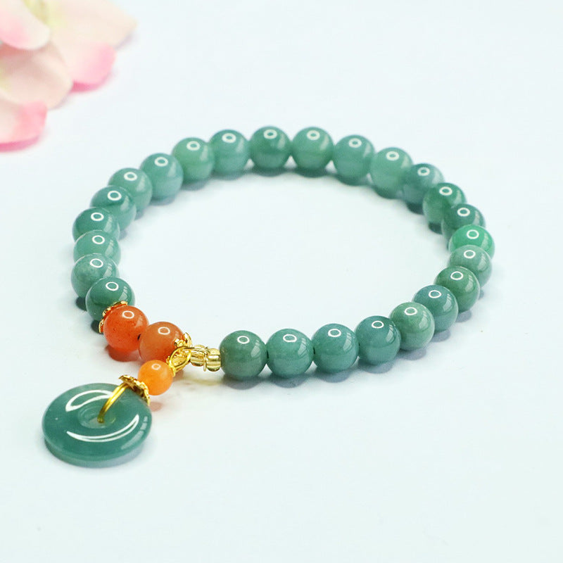Grade A Jadeite Jade Beaded Bracelet with Peace Buckle Pendant