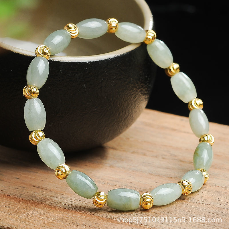 rade A Jadeite Jade Rice Bead and Ribbed Gold Spacer Bracelet