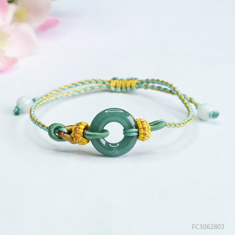 Blue Water Jadeite Peace Buckle Braided Cord Bracelet