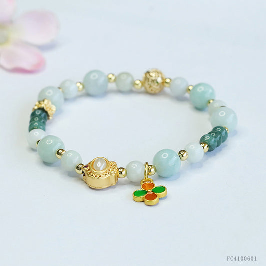 Blue Water and Light Jadeite Jade Beaded Bracelet with Four-Leaf Clover Charm