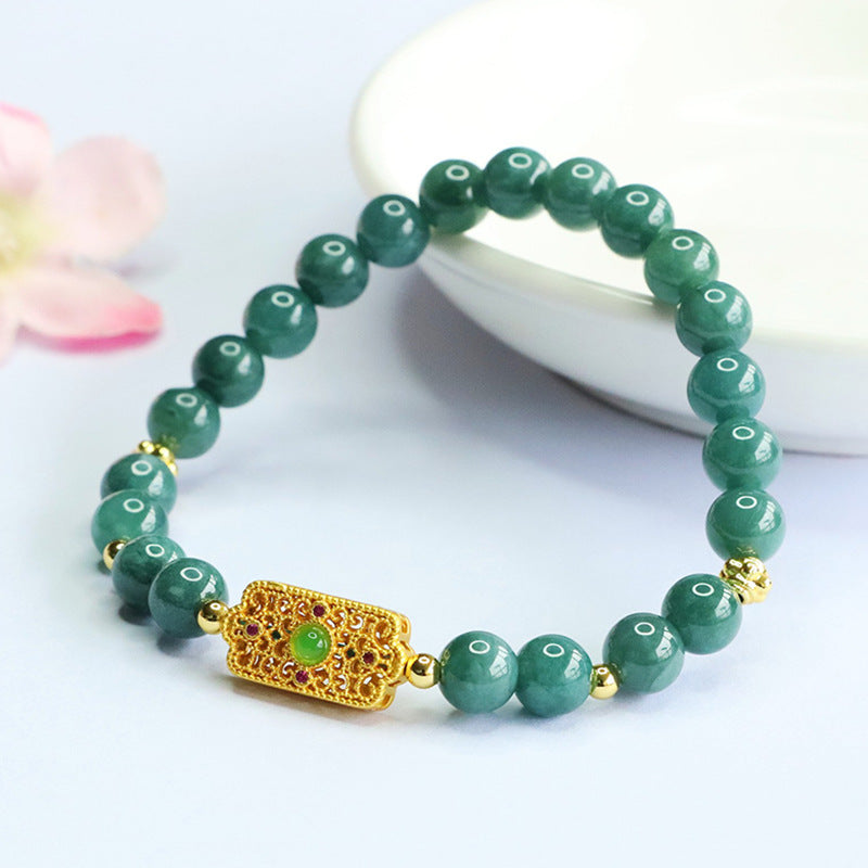 Blue Water Jadeite Jade Beaded Bracelet with Filigree Rectangular Charm