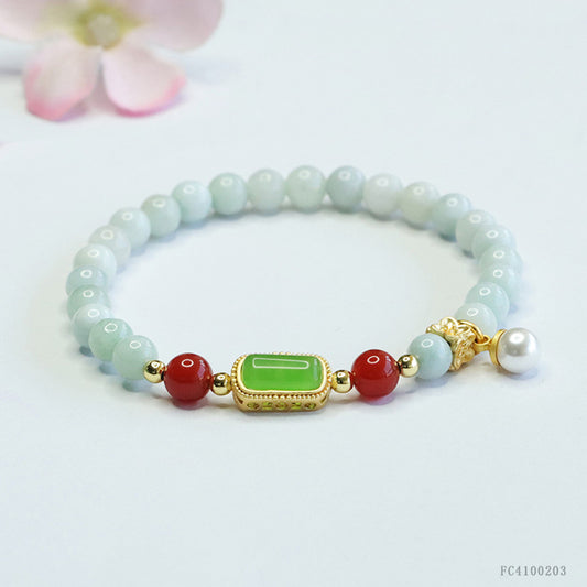 Burmese Grade A Jadeite Beaded Bracelet with Green Jadeite Plaque, Red Agate, and Pearl Charm