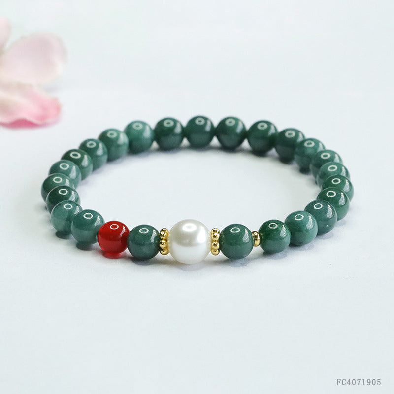 Blue Water Jadeite Jade Beaded Bracelet with Pearl and Red Agate Accent