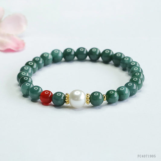 Blue Water Jadeite Jade Beaded Bracelet with Pearl and Red Agate Accent