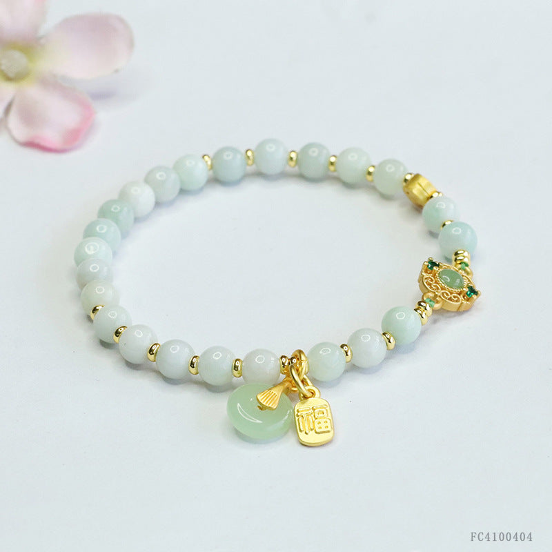 Burmese Grade A Jadeite Jade Beaded Bracelet with Auspicious Charms