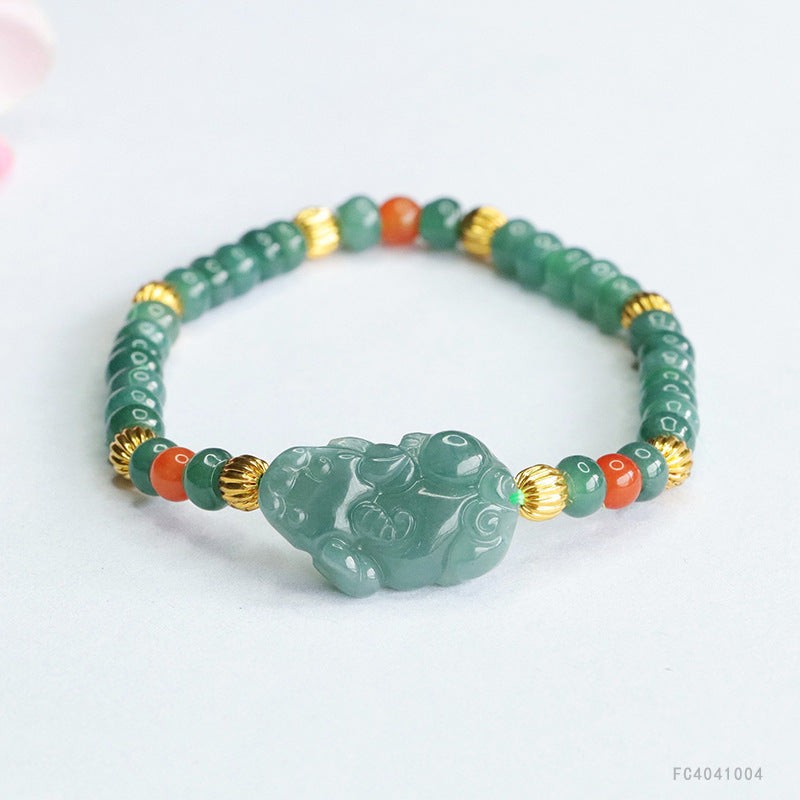 Blue Water Jadeite Jade Pi Xiu Beaded Bracelet with Red Agate Accents