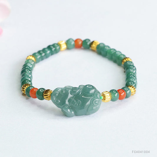 Blue Water Jadeite Jade Pi Xiu Beaded Bracelet with Red Agate Accents