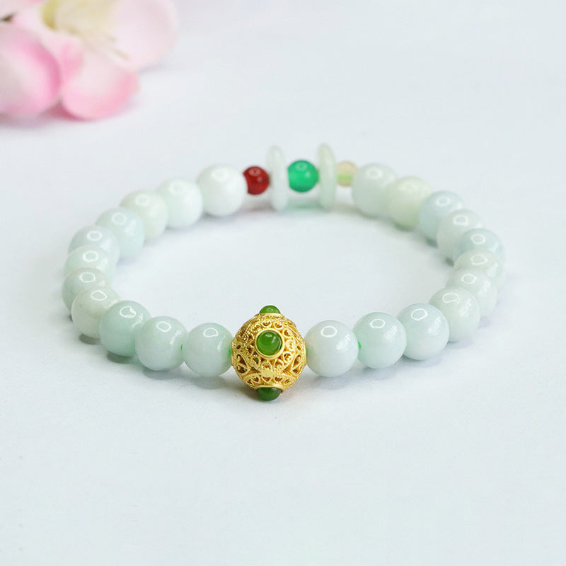 Burmese Grade A Jadeite Jade Beaded Bracelet with Filigree Sphere and Safety Buckle Accents