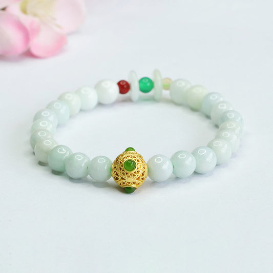 Burmese Grade A Jadeite Jade Beaded Bracelet with Filigree Sphere and Safety Buckle Accents