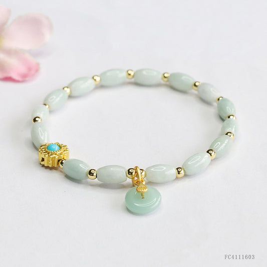 Burmese Grade A Jadeite Rice Bead Bracelet with Ping An Kou Charm and Turquoise Accent