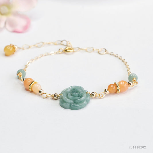 lue Water Jadeite Peony Flower and Gemstone Chain Bracelet