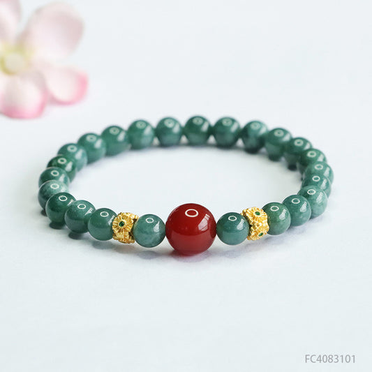 Blue Water Jadeite Jade and Red Agate Beaded Bracelet with Gold-Tone Spacers