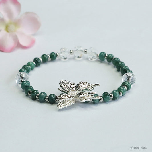 Blue Water Jadeite Abacus Bead and Silver Butterfly Beaded Bracelet