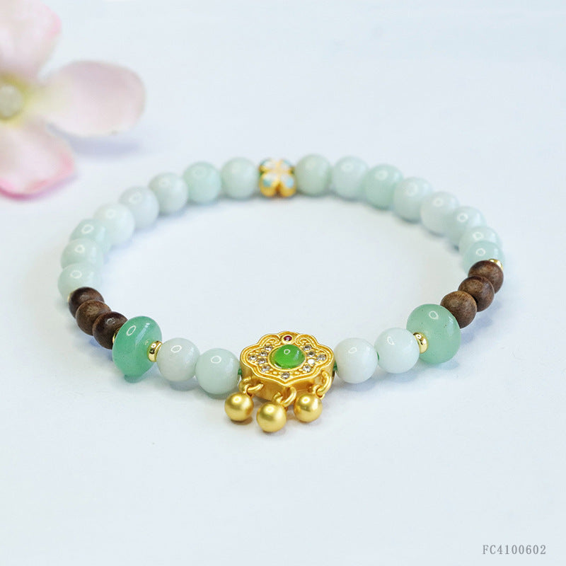 Burmese Grade A Jadeite Beaded Bracelet with Agarwood Accents and Ruyi Lock Charm