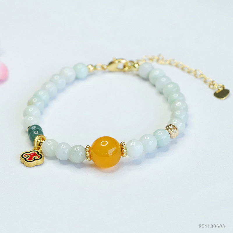 Burmese Grade A Jadeite Beaded Bracelet with Yellow Chalcedony Accent and Ruyi Charm