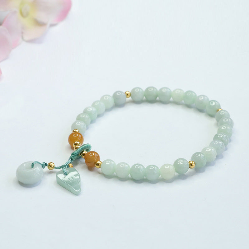 Burmese Grade A Jadeite Beaded Bracelet with Ping An Kou and Leaf Dangle Charms