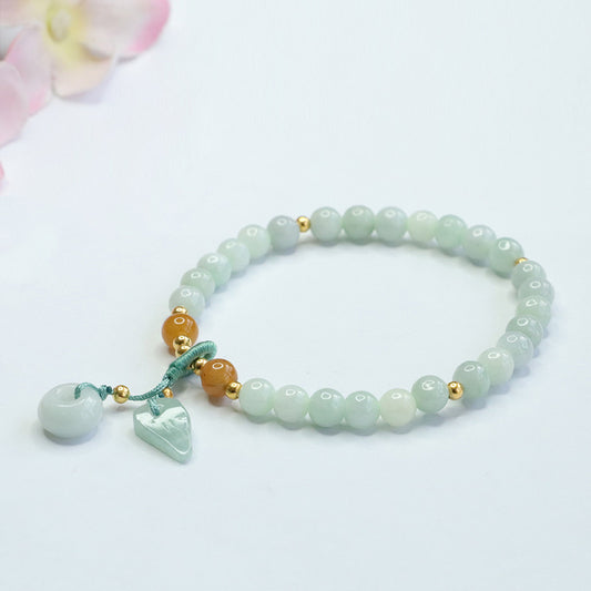 Burmese Grade A Jadeite Beaded Bracelet with Ping An Kou and Leaf Dangle Charms